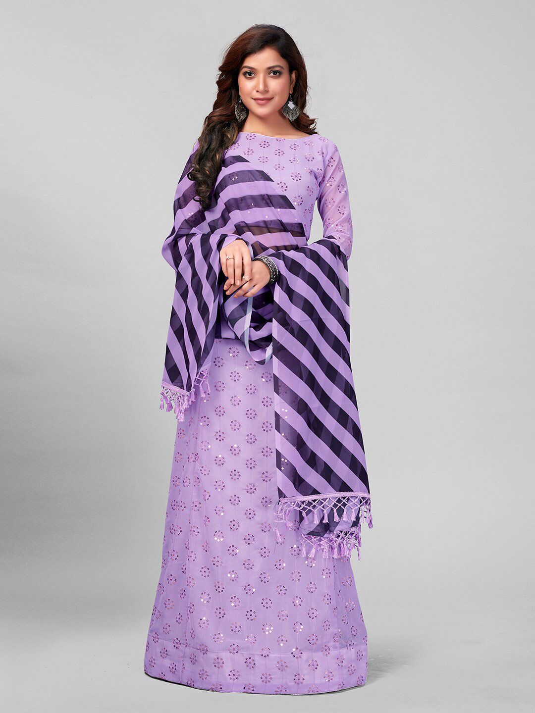 Granthva Fab Mauve & Black Embroidered Sequinned Semi-Stitched Lehenga & Unstitched Blouse With Dupatta Price in India