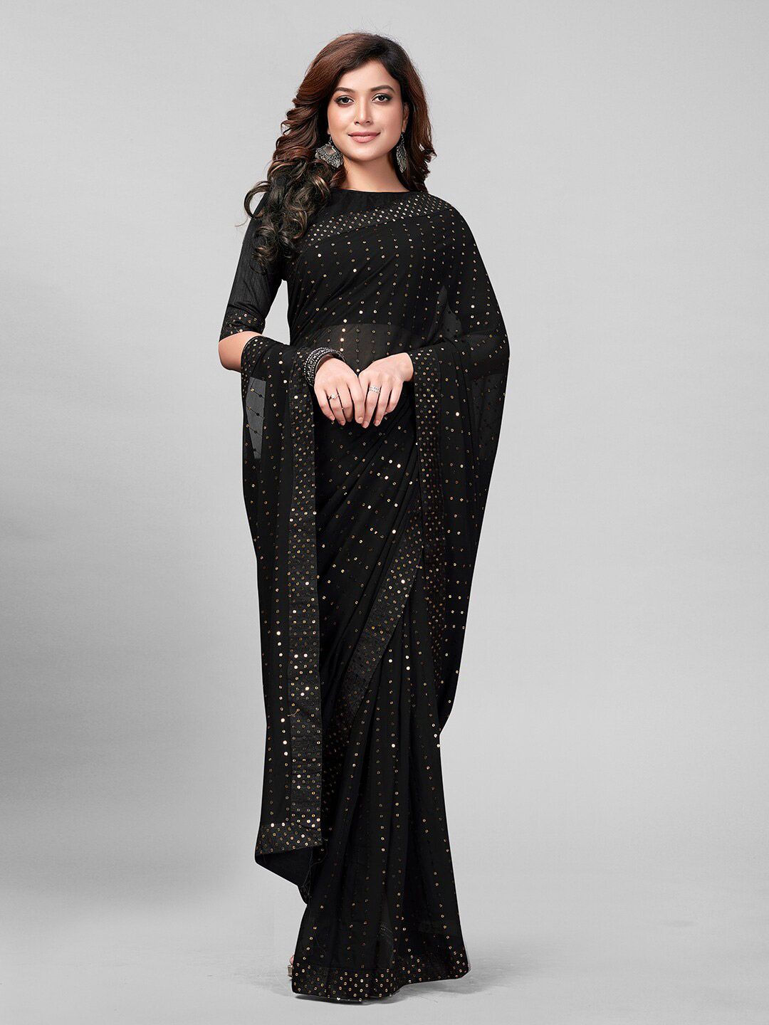 Granthva Fab Black & Silver-Toned Embellished Sequinned Ready to Wear Saree Price in India