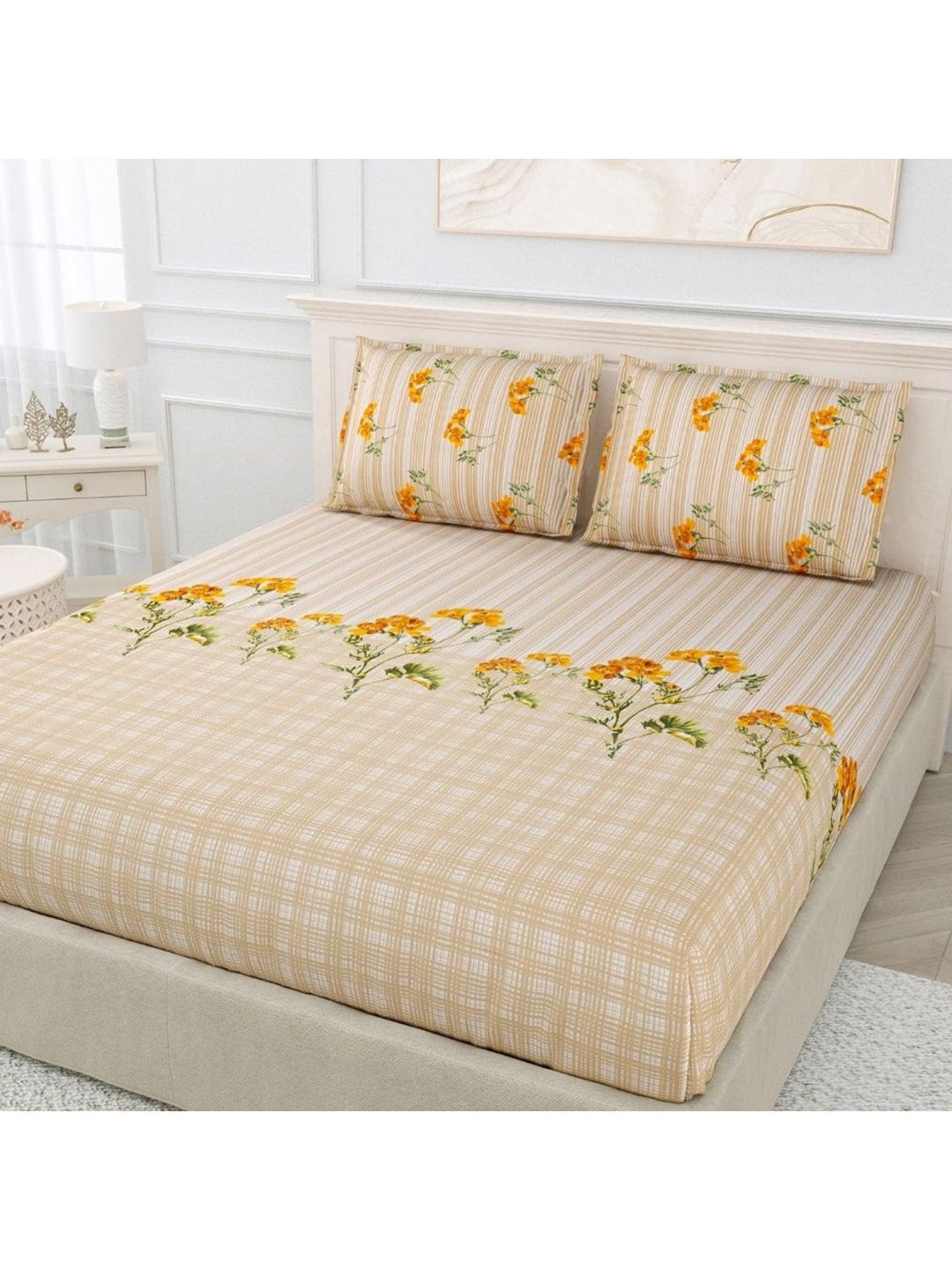 haus & kinder Beige & Orange Pack Of 2 186TC King Bedsheet with 2 Pillow Cover Price in India