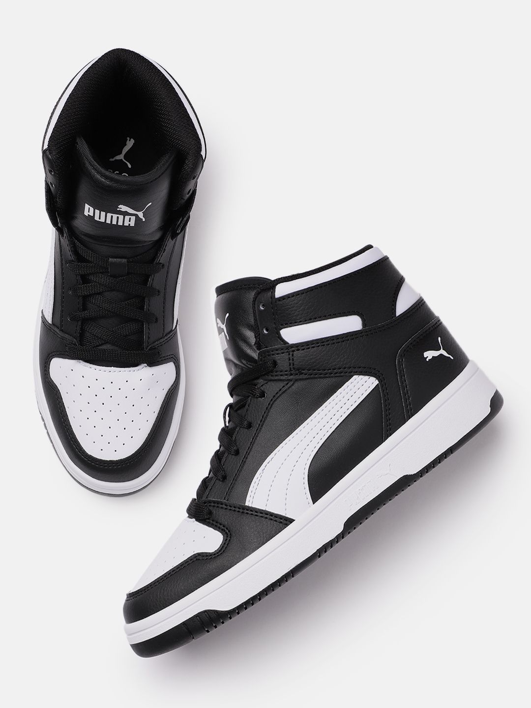 Puma Unisex Black & White Textured Rebound Layup Wide Mid-Top Sneakers with Perforations Price in India