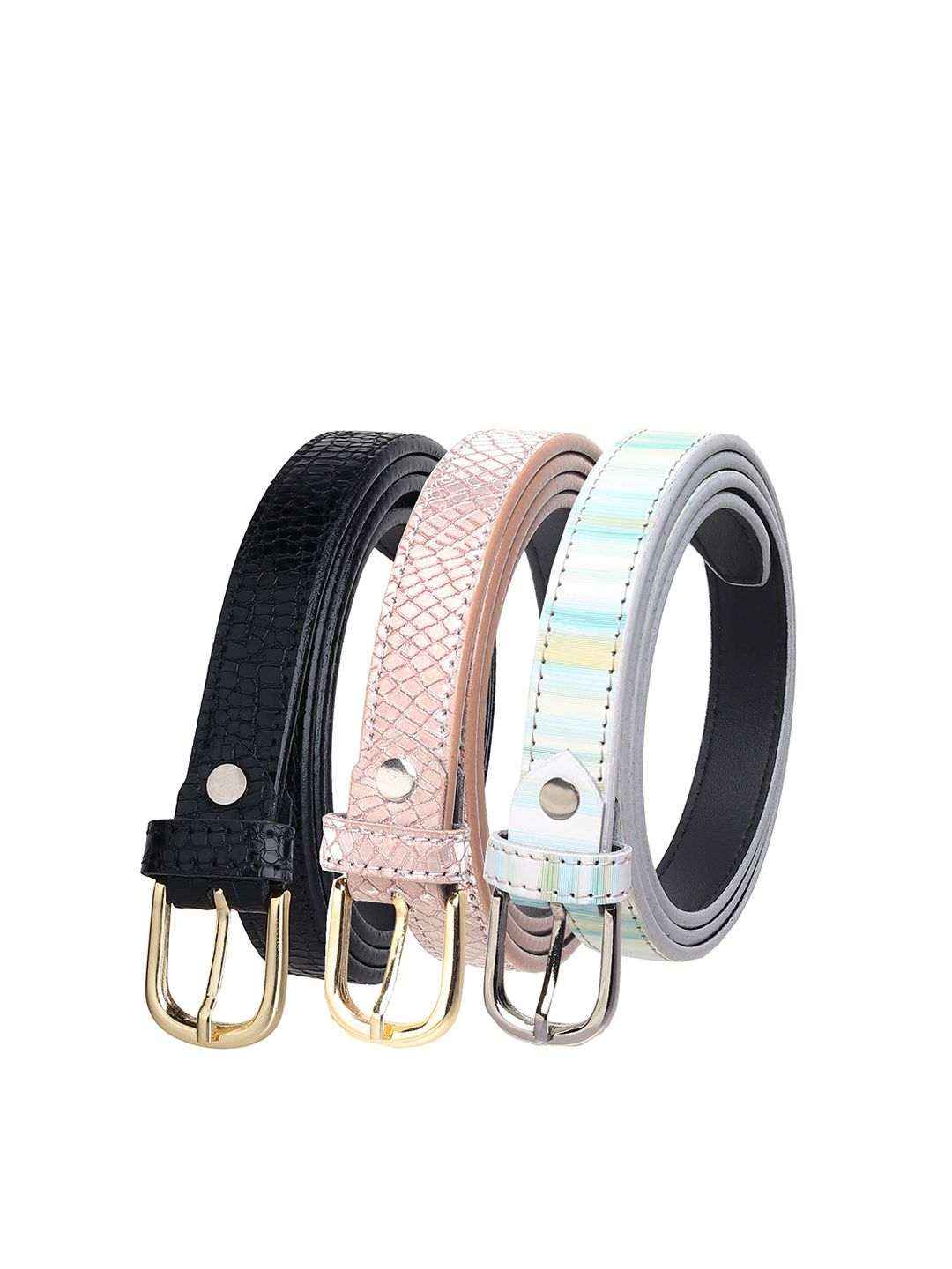 URBAN ALFAMI Women Black & Peach-Coloured Textured Set of 3 PU Belt Price in India