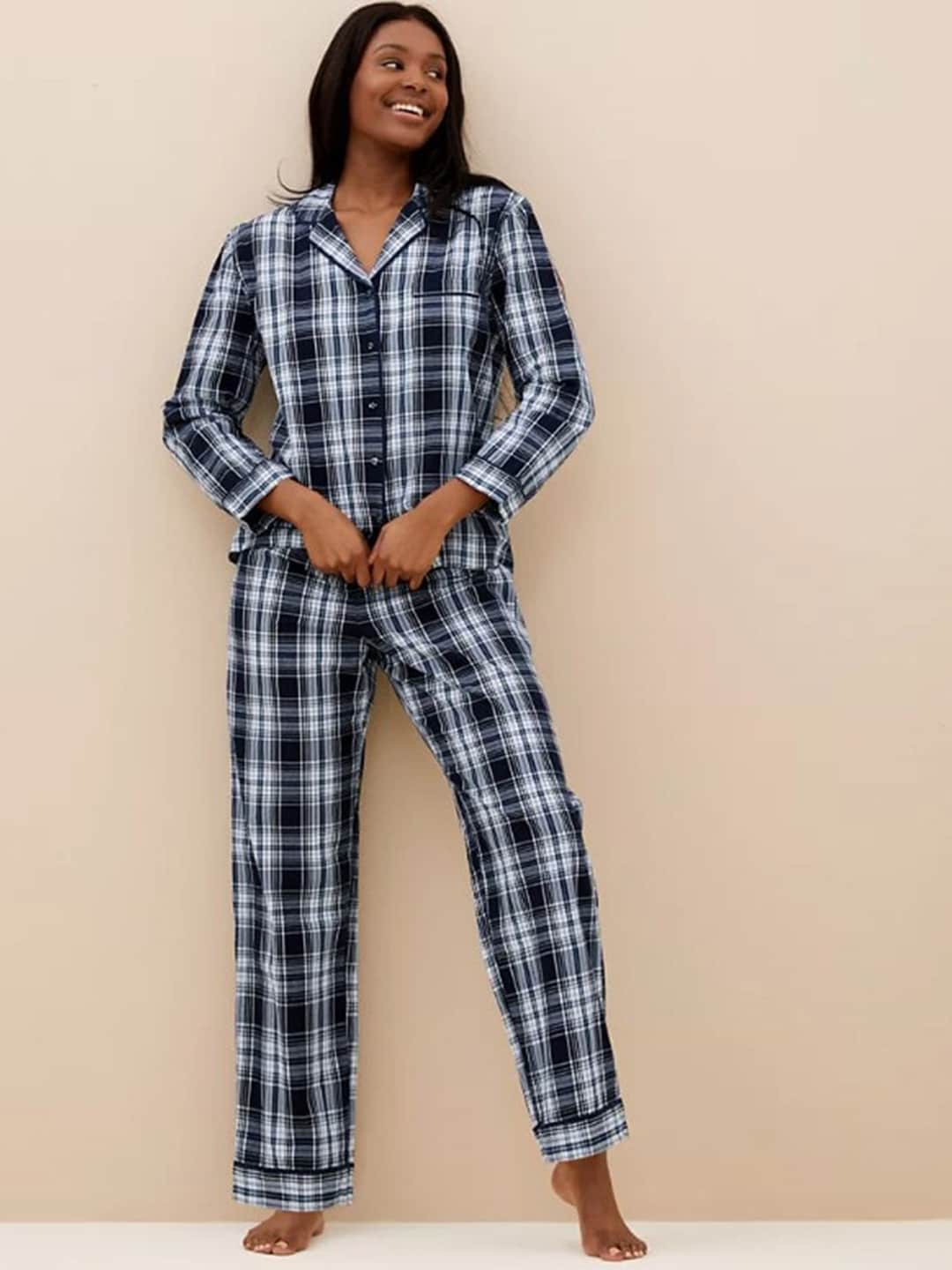 Marks & Spencer Women Navy Blue & White Checked Night suit Price in India