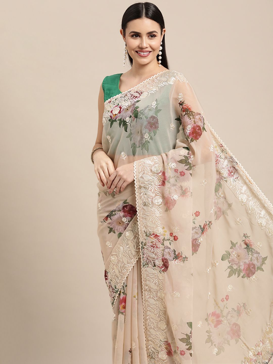 VASTRANAND Cream-Coloured Floral Embroidered Saree with Blouse Price in India