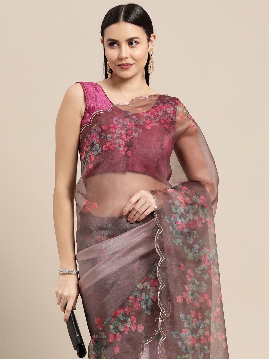 VASTRANAND Brown Floral Printed Sequined Scalloped Edge Organza Saree with Blouse Price in India