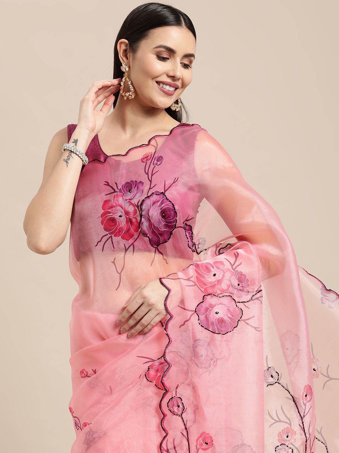 VASTRANAND Pink Floral Printed Sequined Scalloped Edge Organza Saree with Blouse Price in India