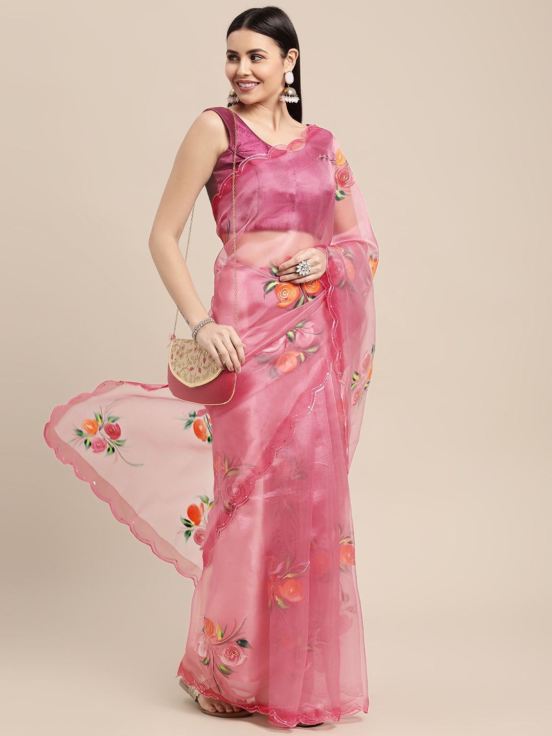 VASTRANAND Pink Floral Printed Sequined Scalloped Edge Organza Saree with Blouse Price in India