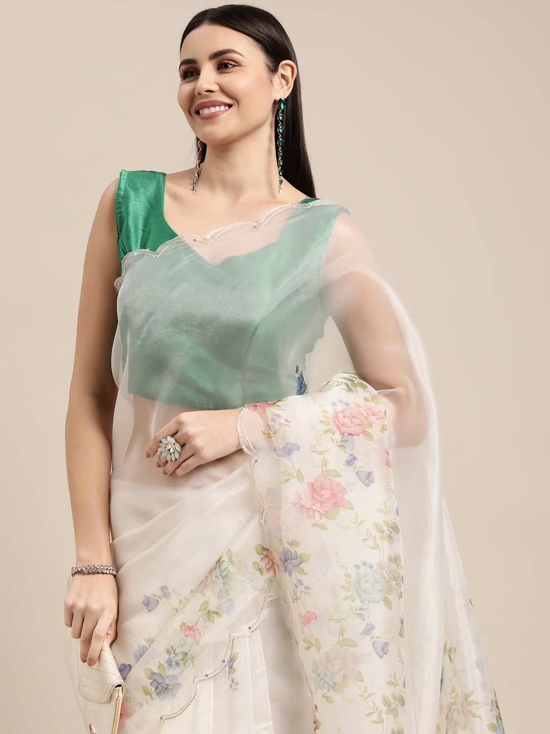 VASTRANAND White Floral Printed Sequined Scalloped Edge Organza Saree with Blouse Price in India