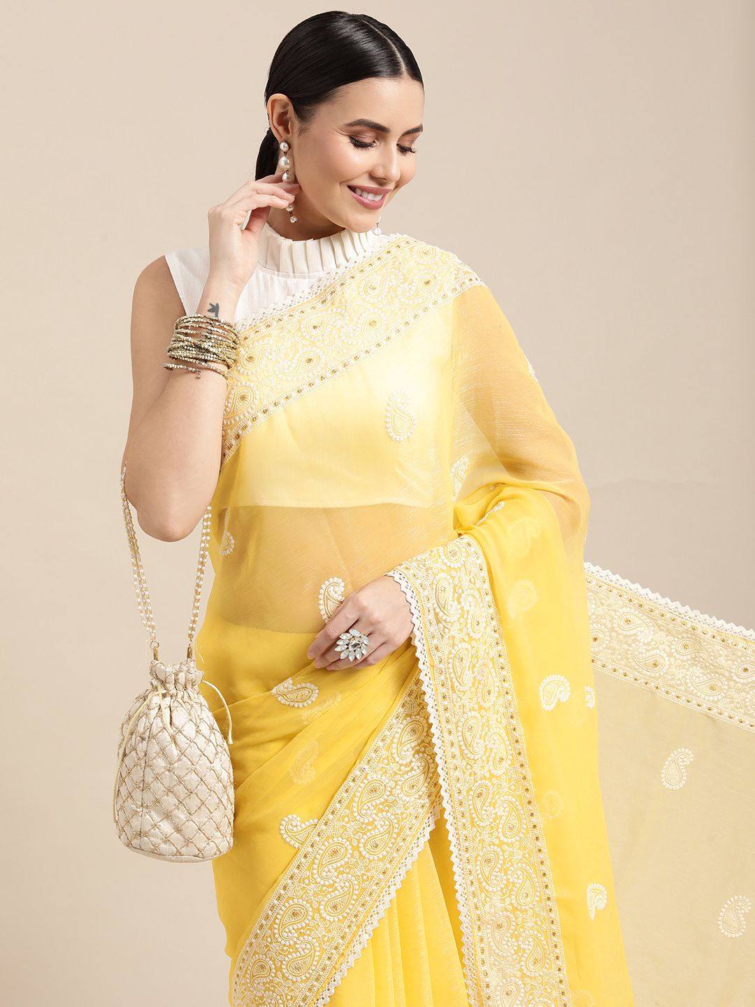 VASTRANAND Yellow & White Paisley Beads and Stones Organza Saree Price in India