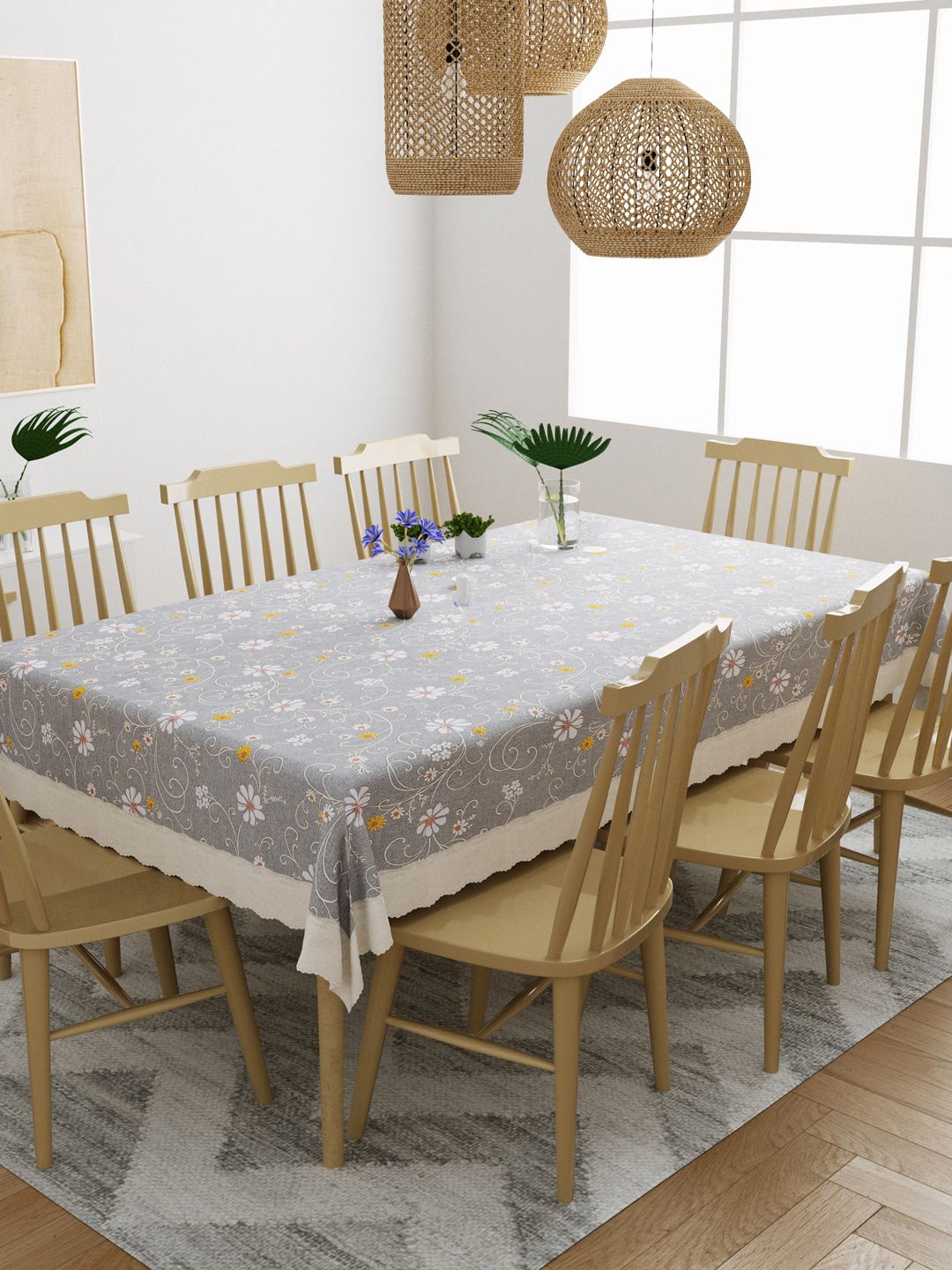 DREAM WEAVERZ Grey Floral Printed 8 Seater Table Covers Price in India
