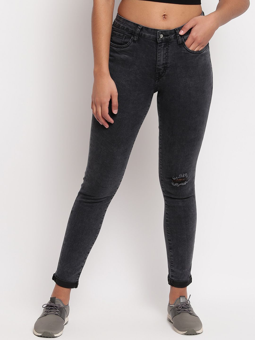 TALES & STORIES Women Black Skinny Fit Mildly Distressed Stretchable Jeans Price in India