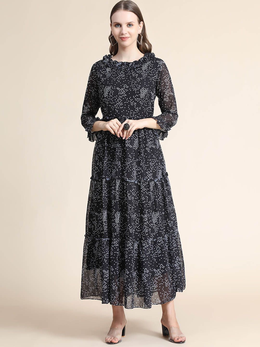 KALINI Black Ethnic Tiered Fit & Flare Midi Dress Price in India