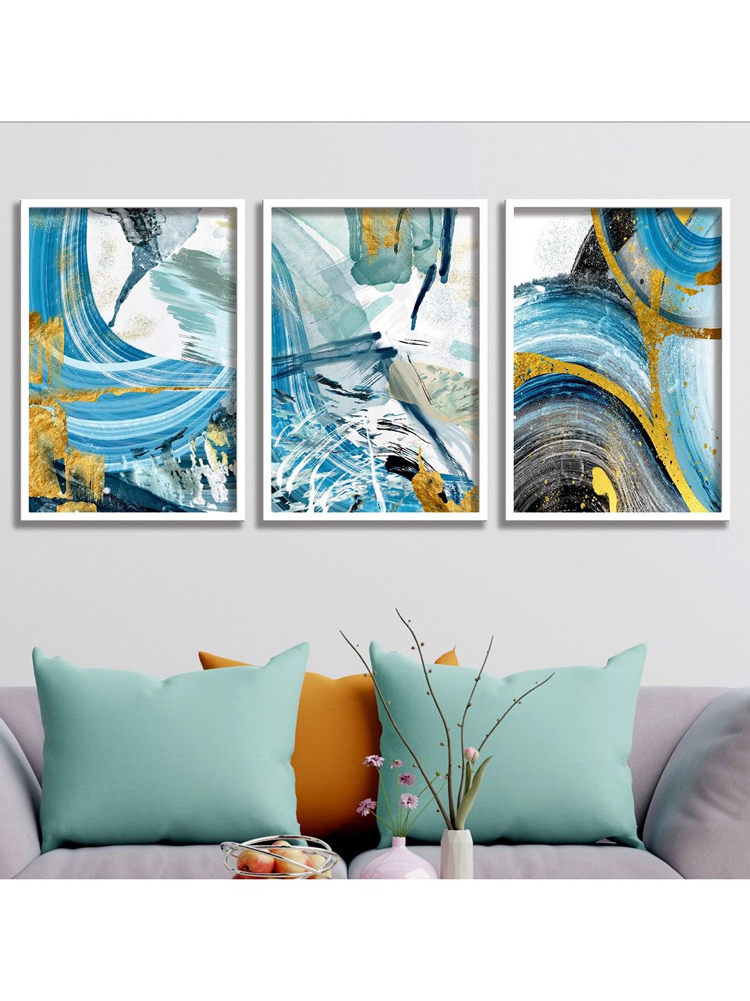 SAF Set Of 3 Blue Modern Art Canvas Painting Wall Art Price in India