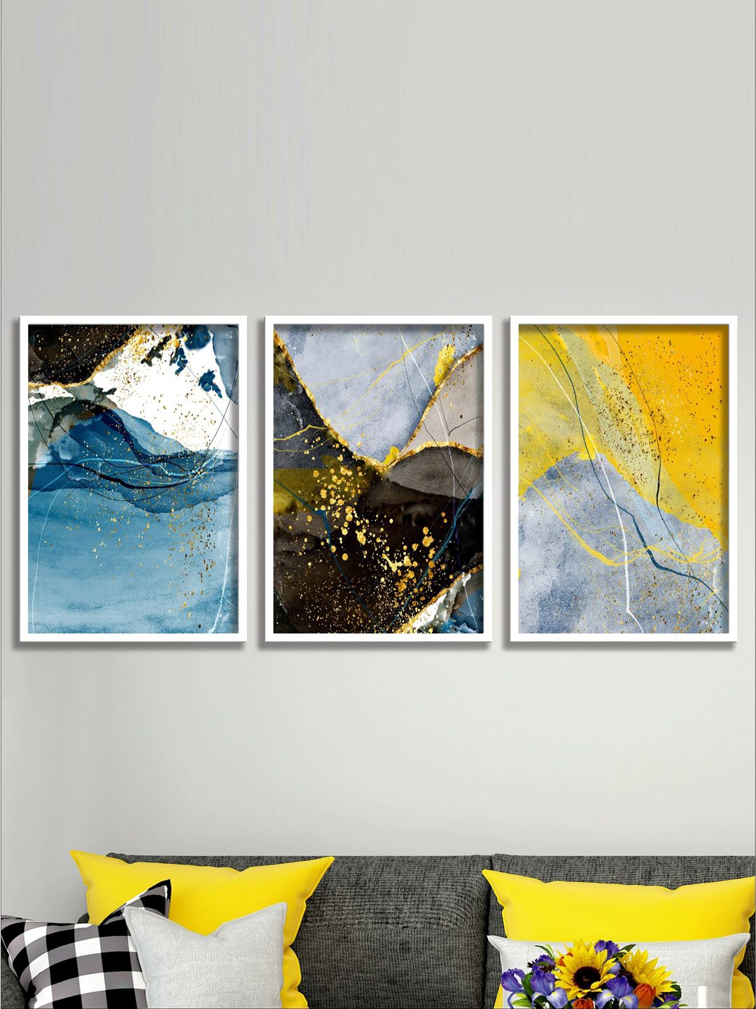 SAF Set Of 3 Yellow & White Digital Reprint Wall Art With Frame Price in India