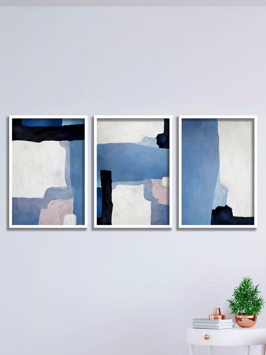 SAF Set Of 3 Blue & White Modern Painting Wall Art Price in India
