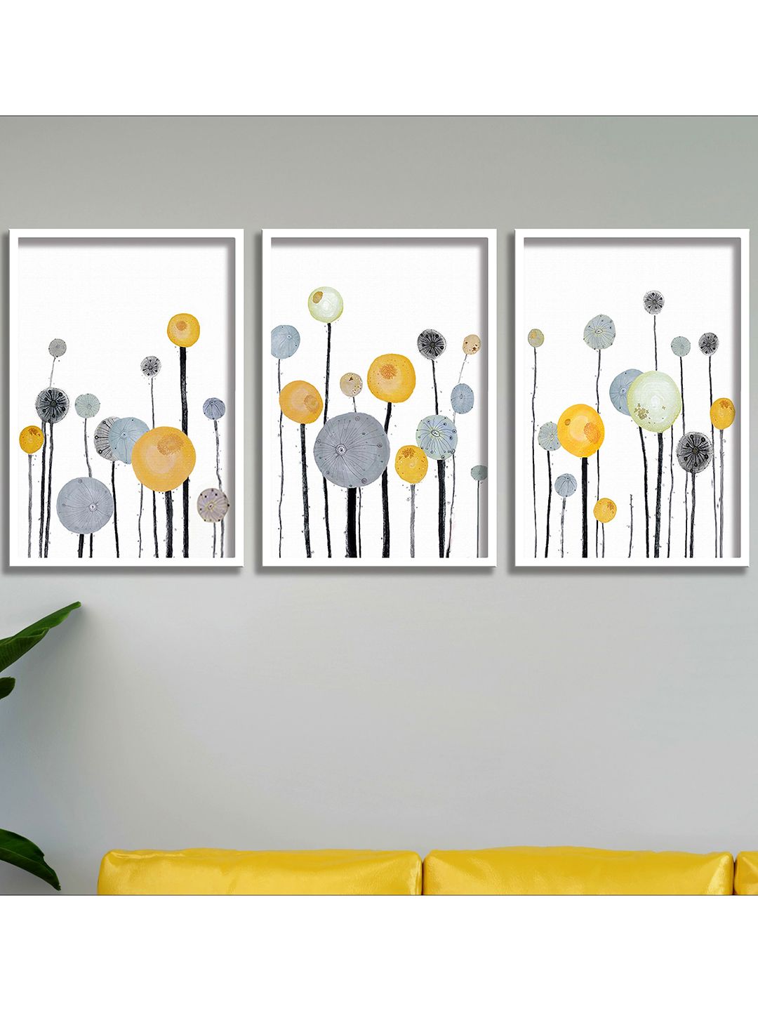 SAF Set of 3 Yellow & White Abstract Printed Wall Art Price in India