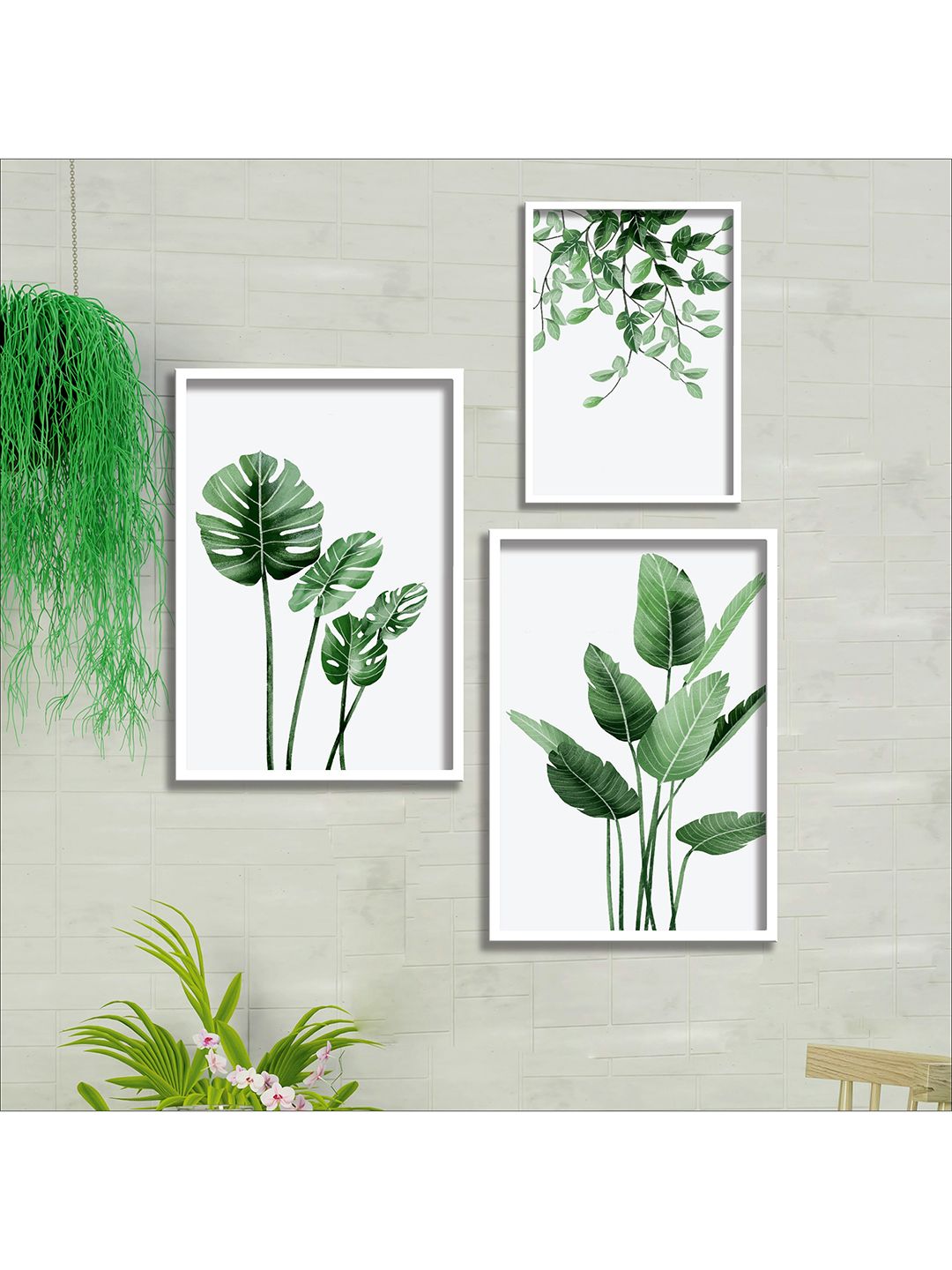 SAF Adults Set Of 3 White & Green Digital Reprint Framed Wall Art Price in India