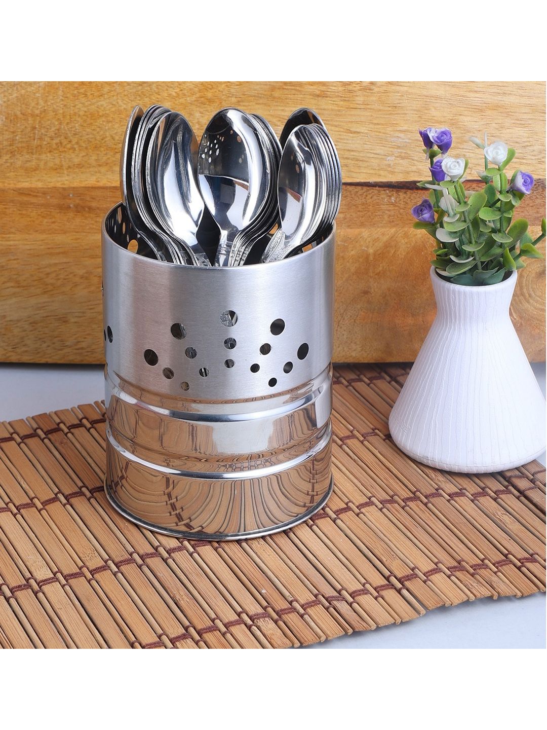 ZEVORA Silver Toned Stainless Steel Cutlery Holder With 18 Table Spoon Set Price in India