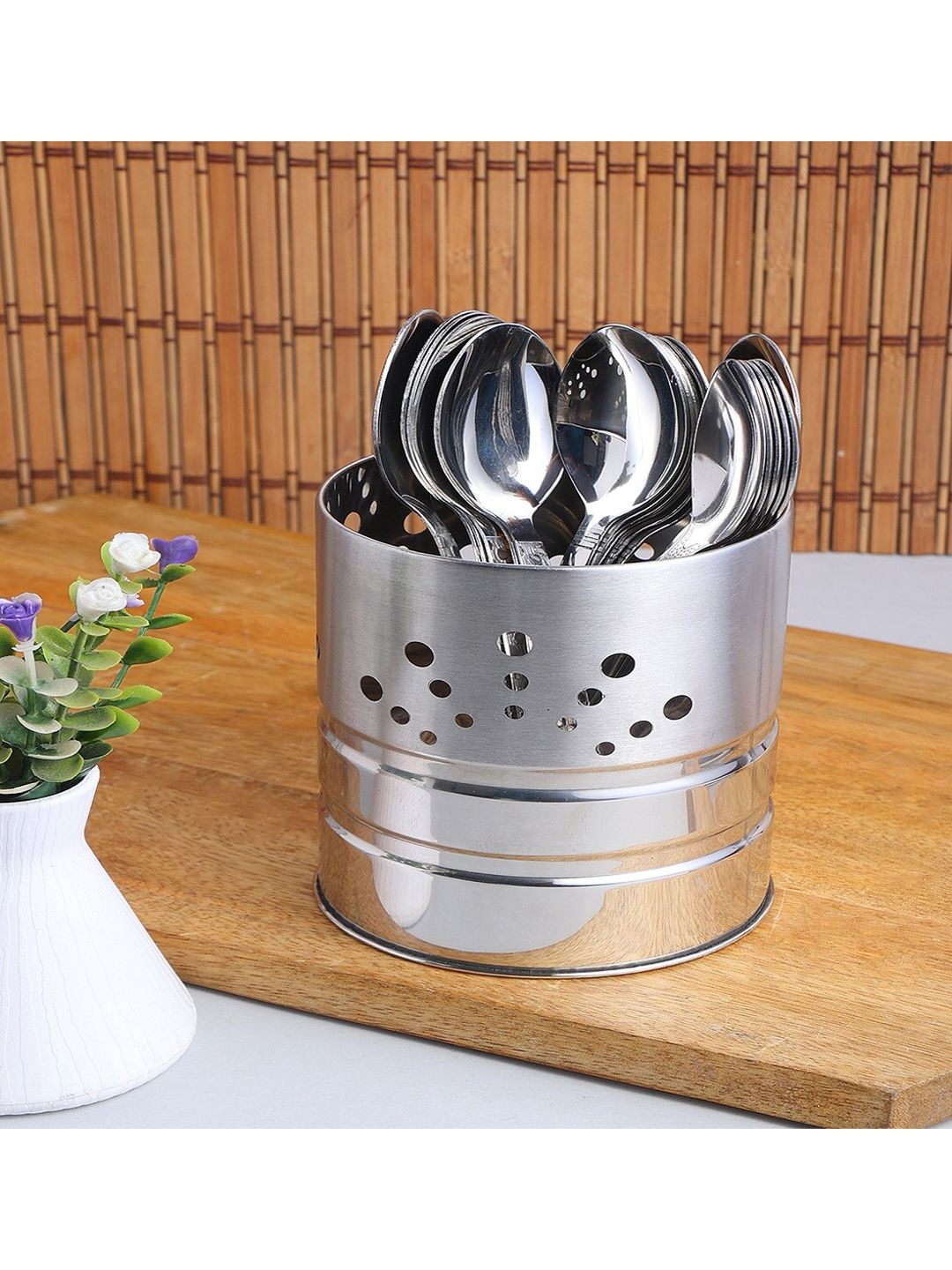 ZEVORA Silver-Colored Solid Steel Cutlery Holder With 18 Stainless Steel Table Spoon Set Price in India