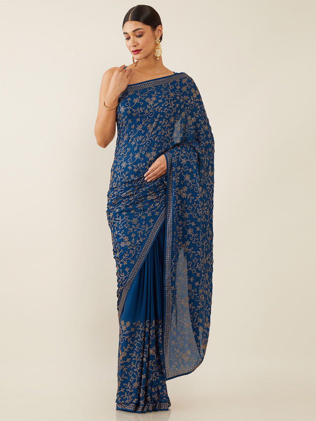 Soch Blue & Gold-Toned Floral Saree