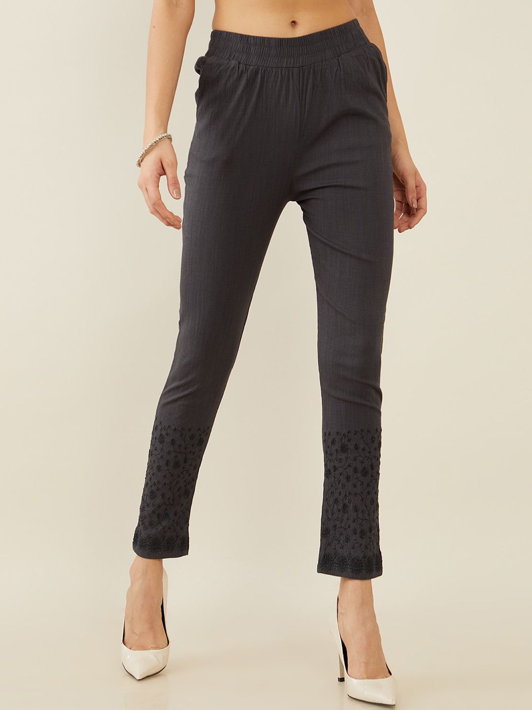 Soch Women Grey Solid Embroidered Trousers Price in India