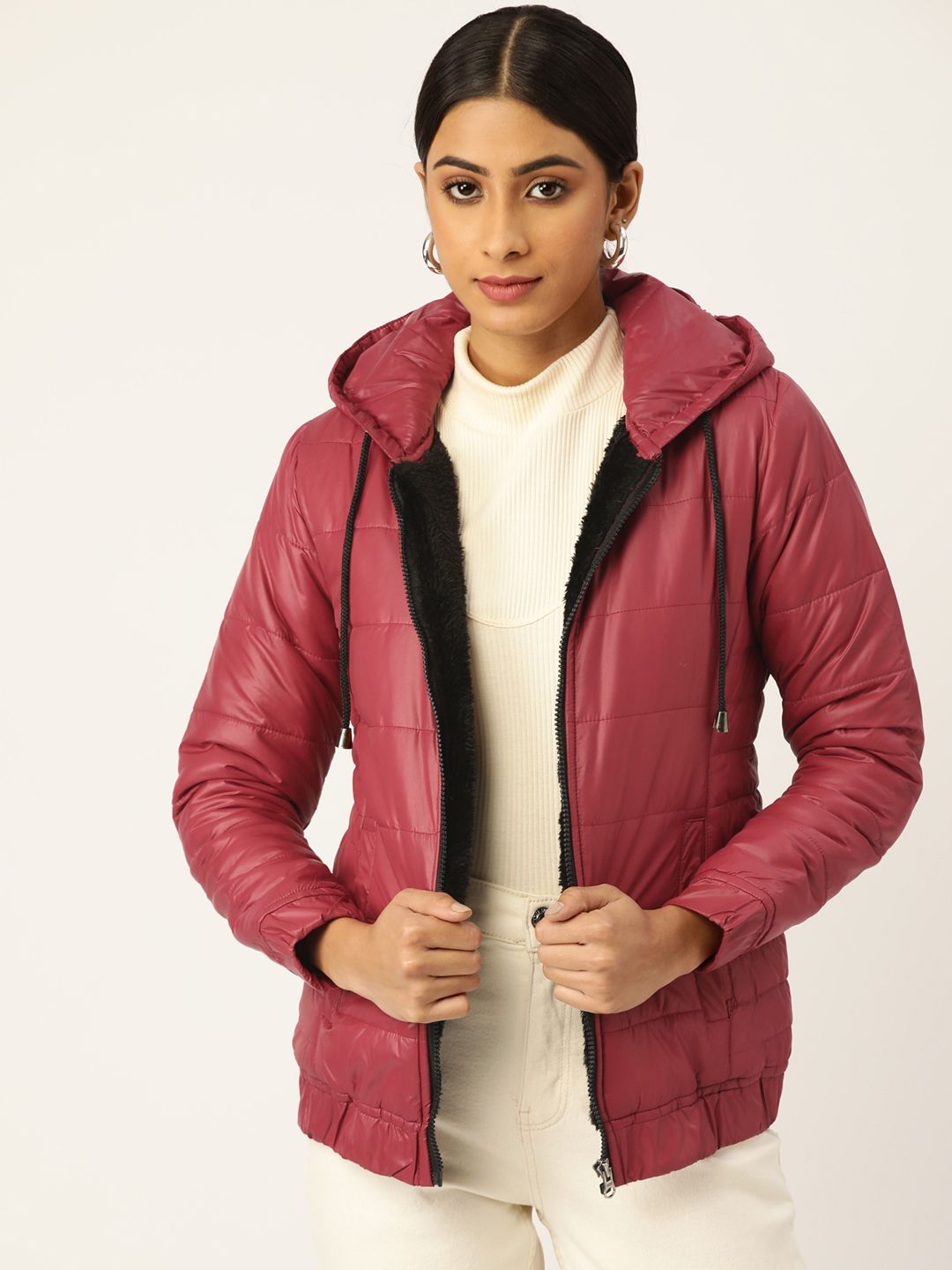 Deewa Women Maroon Solid Hooded Padded Jacket Price in India