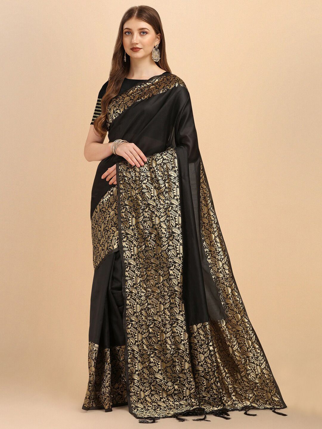 ZIKARAA Black & Gold-Toned Woven Design Zari Pure Linen Banarasi Saree Price in India