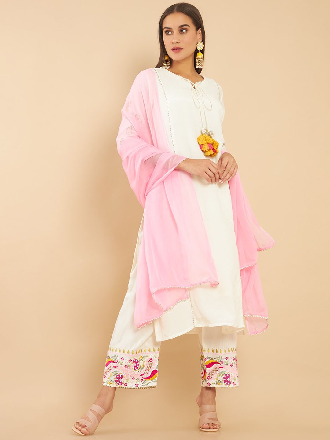 Soch Women Off White Floral Striped Layered Kurti with Trousers & With Dupatta Price in India