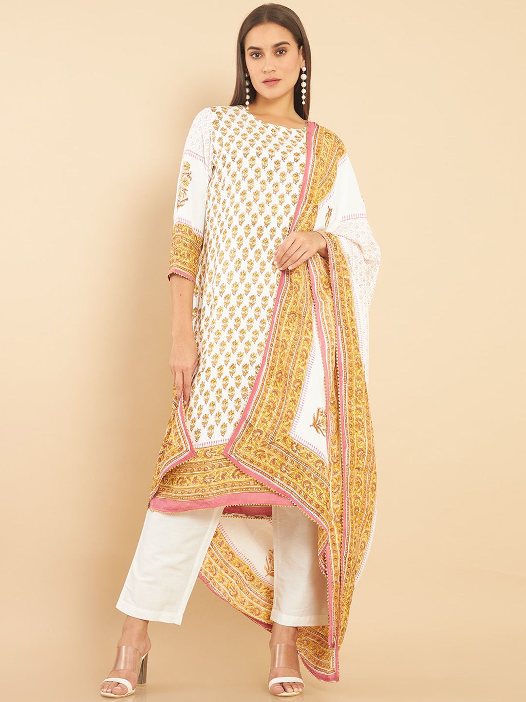 Soch Women Mustard Yellow Floral Panelled Kurti with Trousers & With Dupatta Price in India