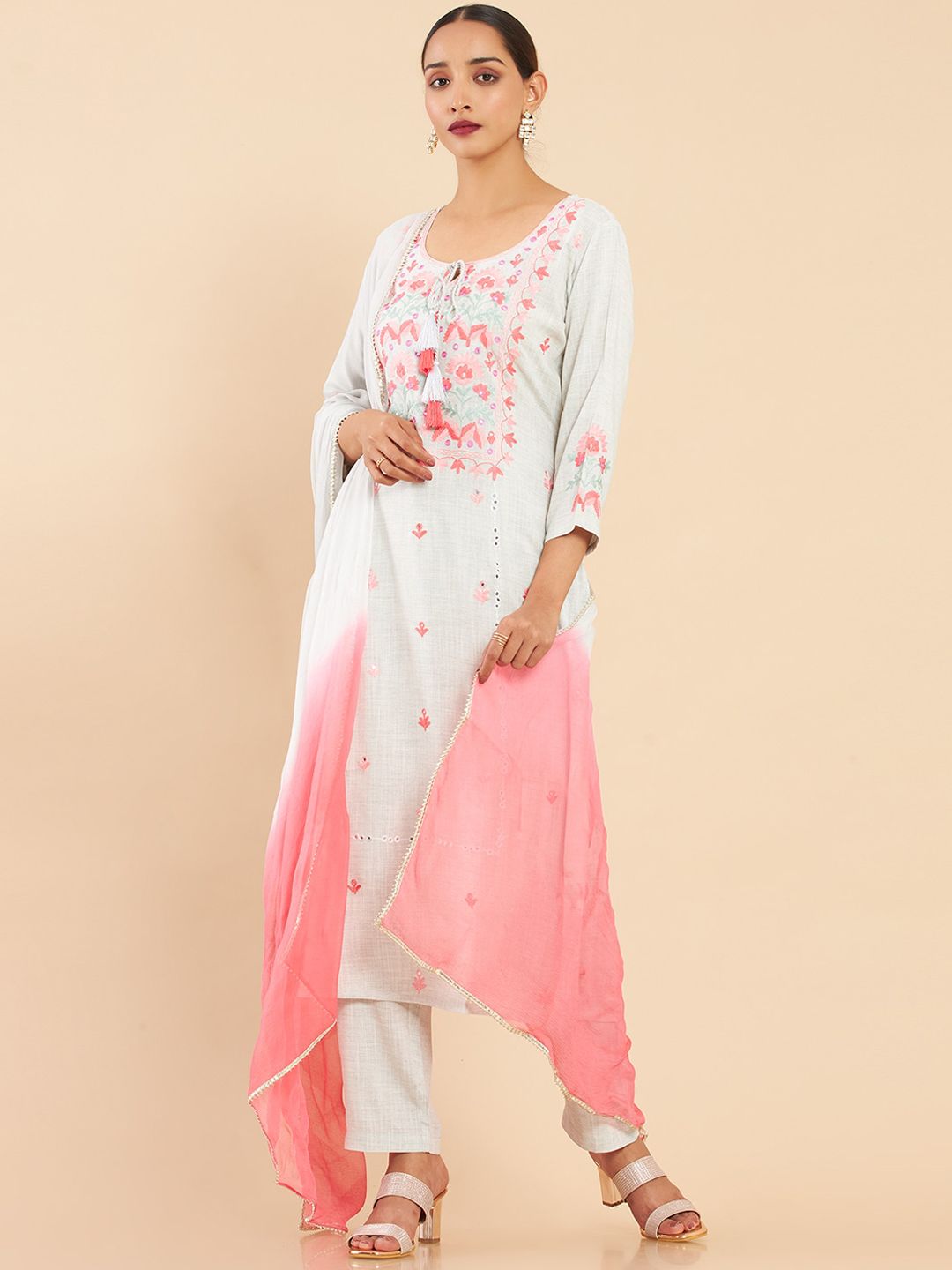 Soch Women Grey Embroidered Angrakha Kurti with Trousers & With Dupatta Price in India