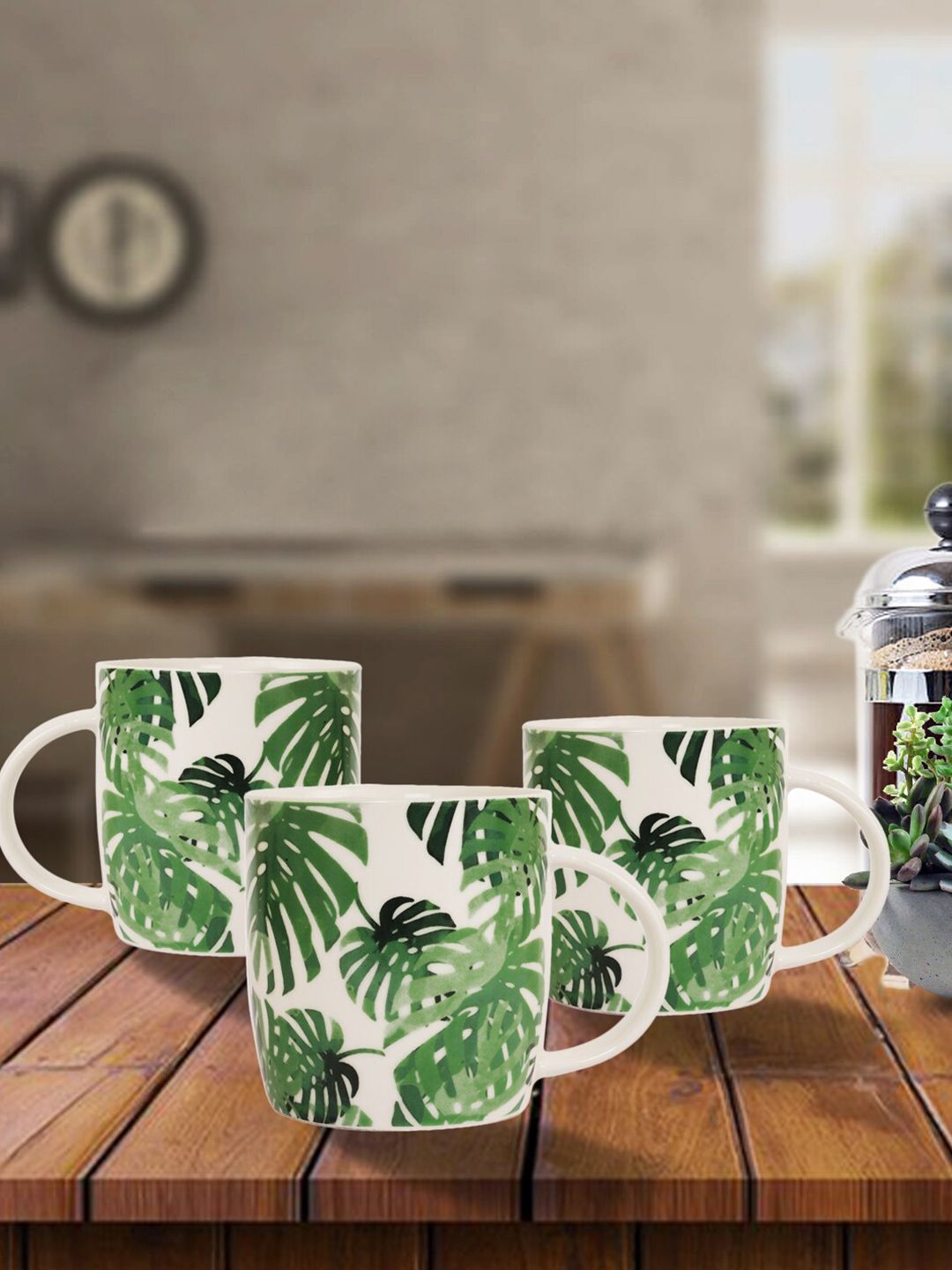 House Of Accessories Green & White Floral Printed Ceramic Glossy Mugs Set of Cups and Mugs Price in India