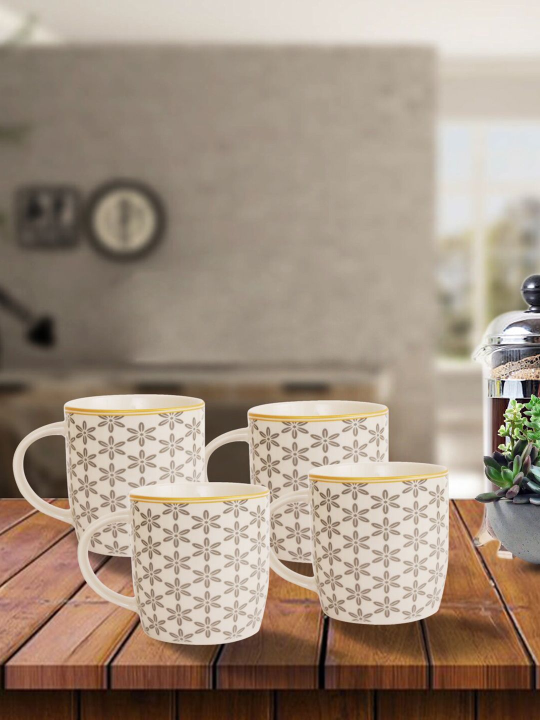House Of Accessories White & Brown Floral Printed Ceramic Glossy Set of 4 Cups and Mugs Price in India