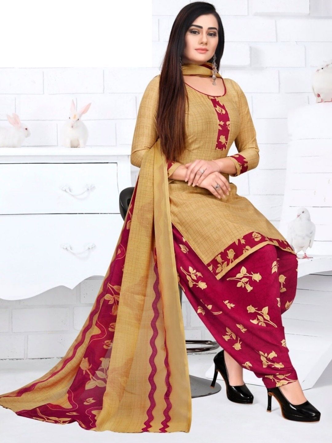 INDIAN HERITAGE Khaki & Maroon Printed Silk Crepe Unstitched Dress Material Price in India