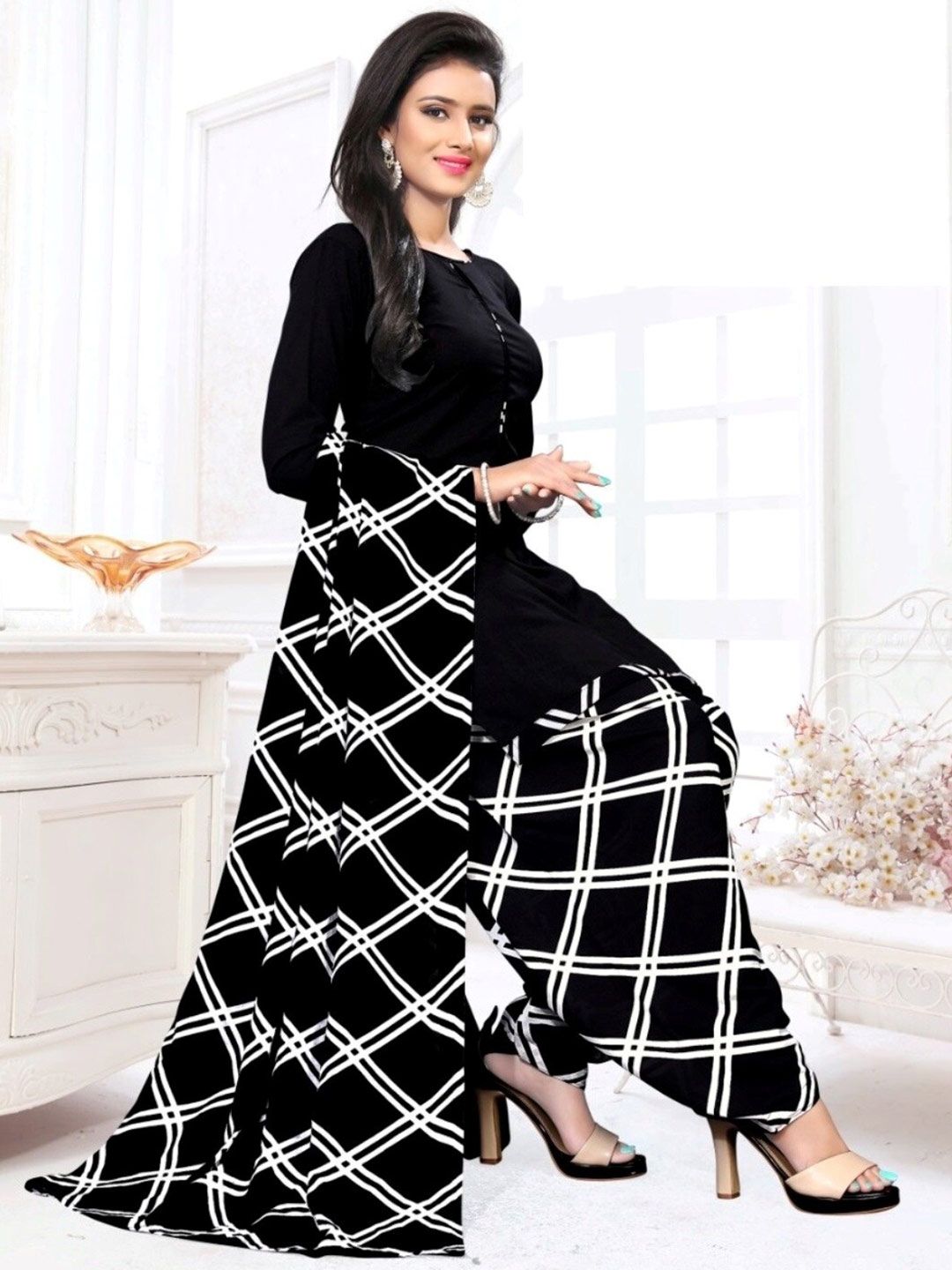 INDIAN HERITAGE Black & White Printed Silk Crepe Unstitched Dress Material Price in India