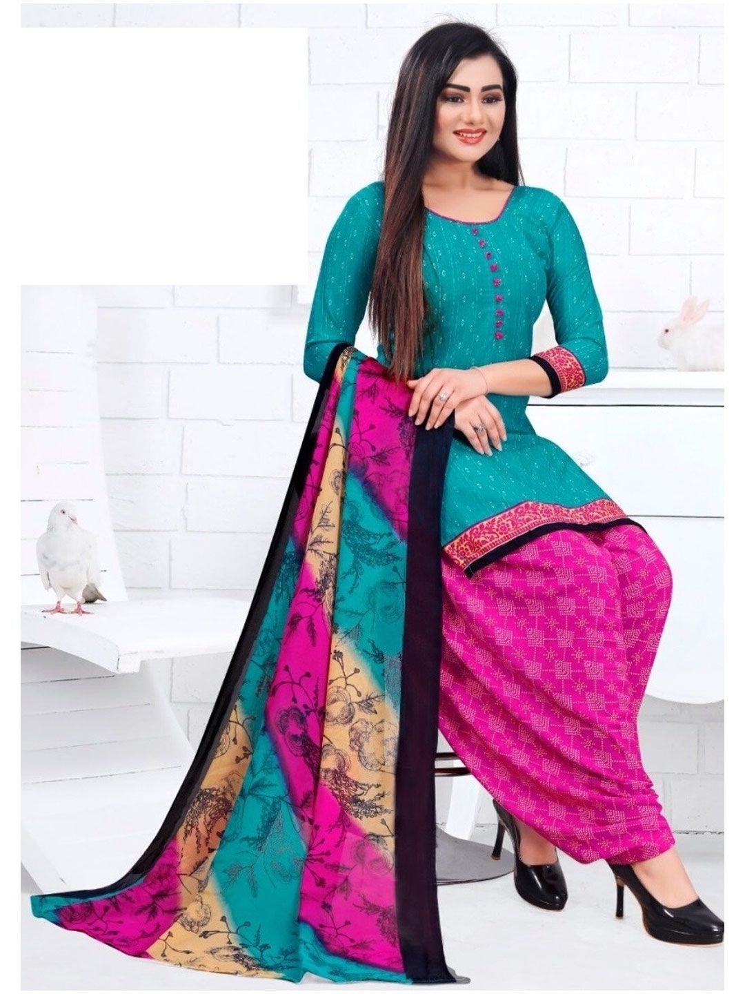 INDIAN HERITAGE Women Blue Printed Crepe Unstitched Dress Material with Dupatta Price in India