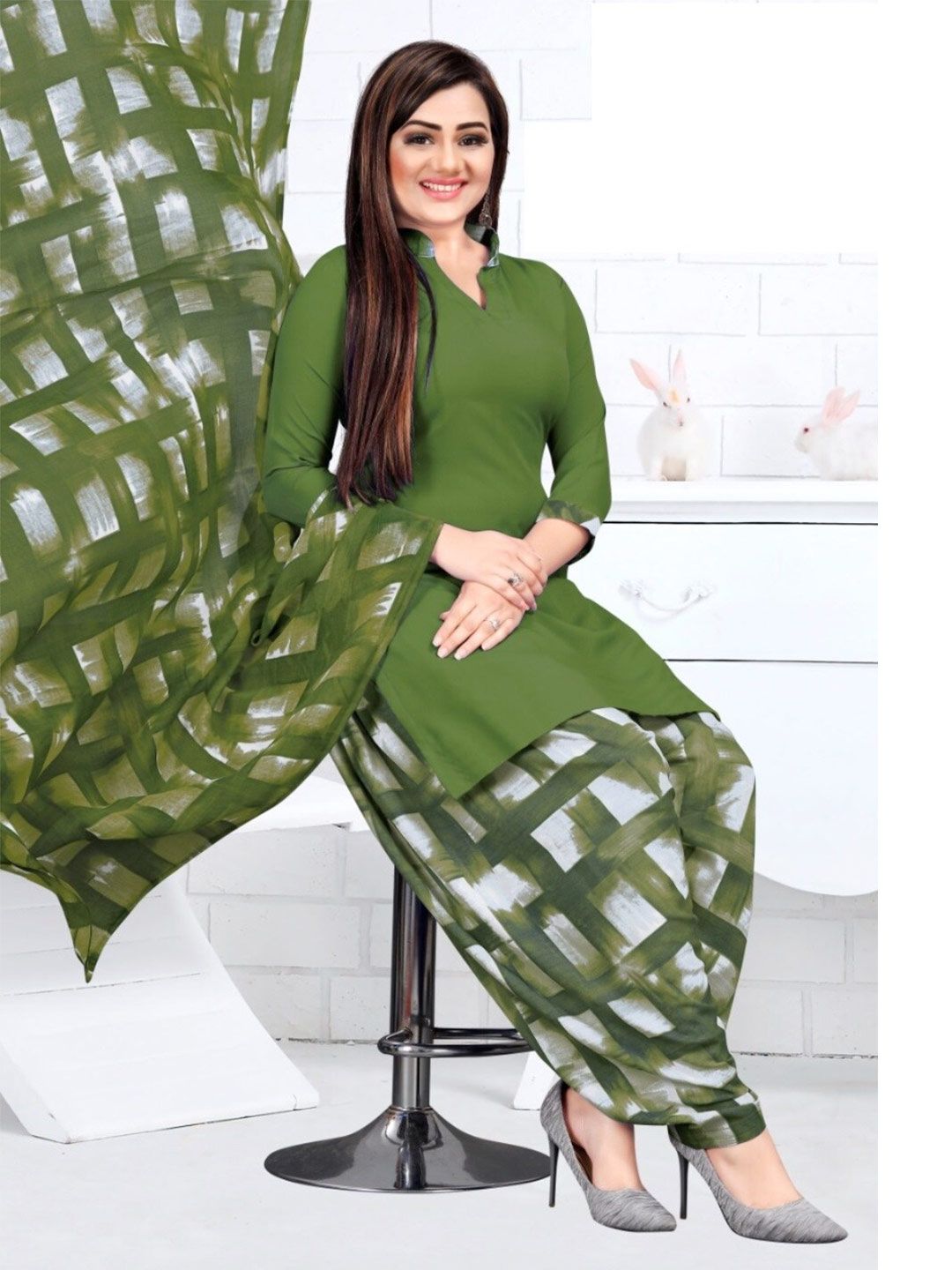 INDIAN HERITAGE Green & White Printed Silk Crepe Unstitched Dress Material Price in India