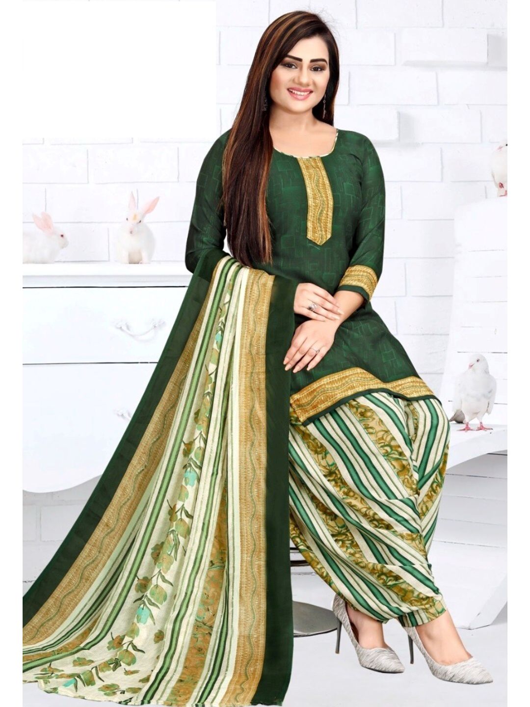 INDIAN HERITAGE Green & Beige Printed Silk Crepe Unstitched Dress Material
