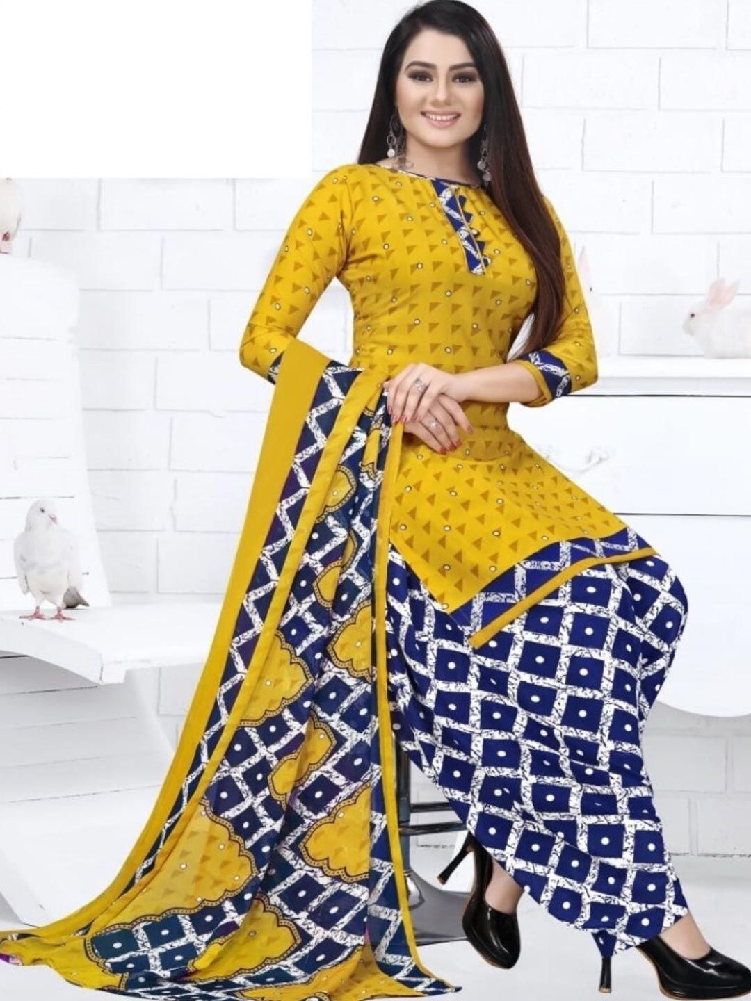 INDIAN HERITAGE Yellow & Blue Printed Silk Crepe Unstitched Dress Material Price in India