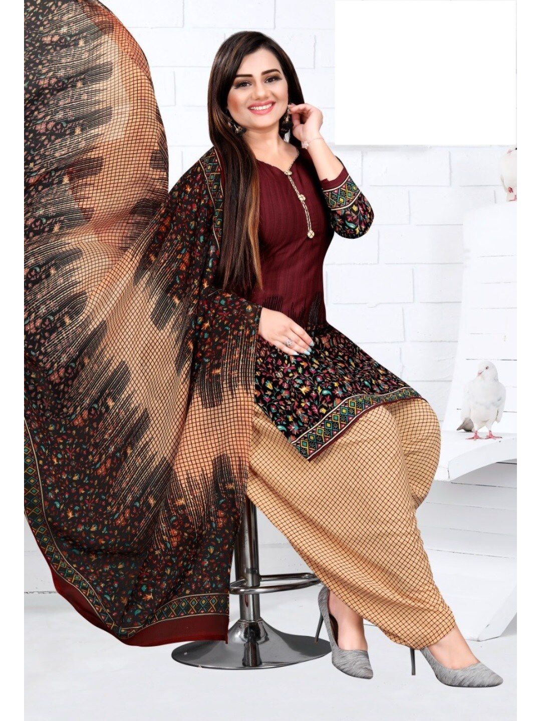 INDIAN HERITAGE Maroon & Grey Printed Silk Crepe Unstitched Dress Material Price in India