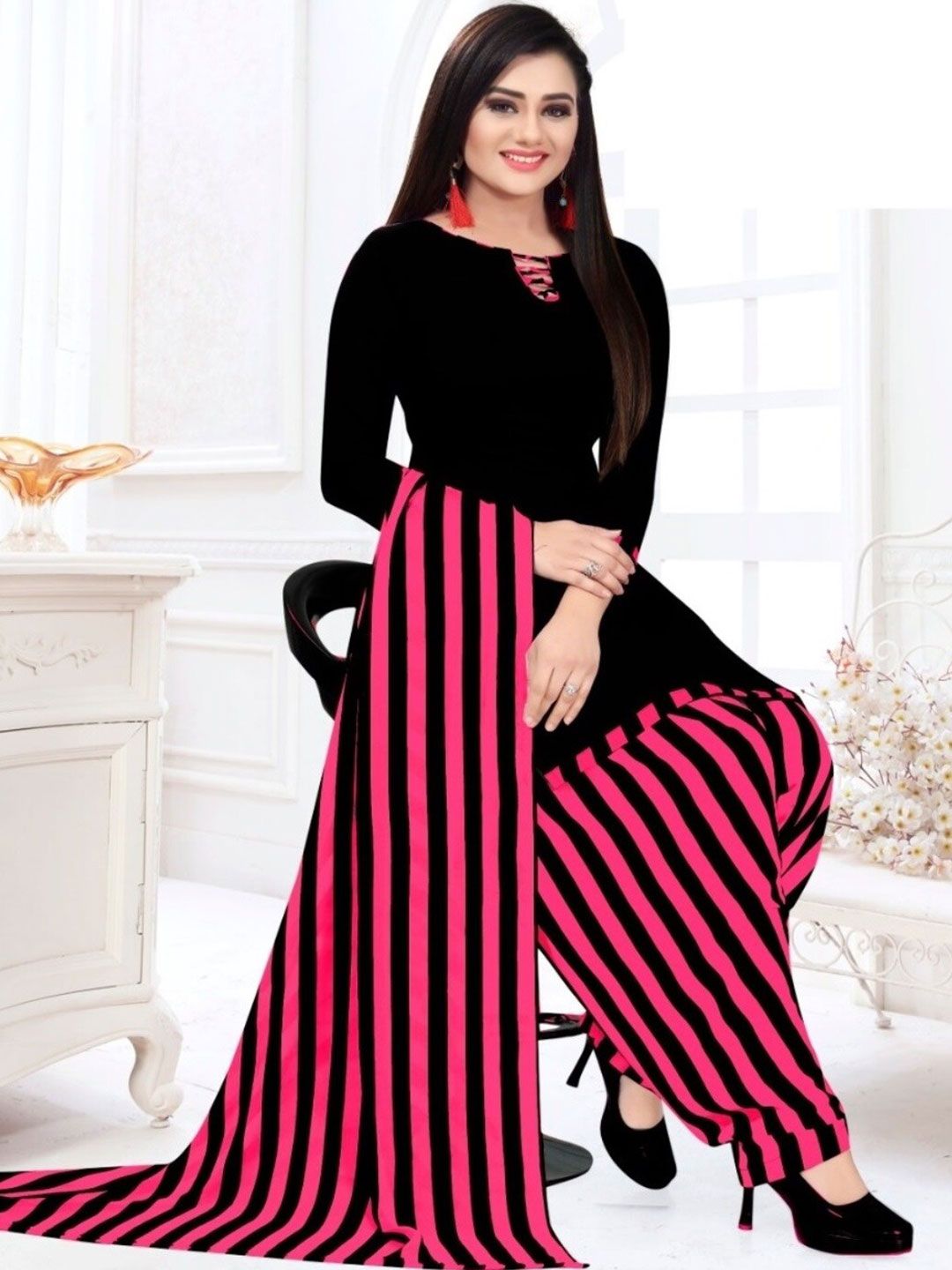 INDIAN HERITAGE Black & Magenta Silk Crepe Unstitched Dress Material Price in India