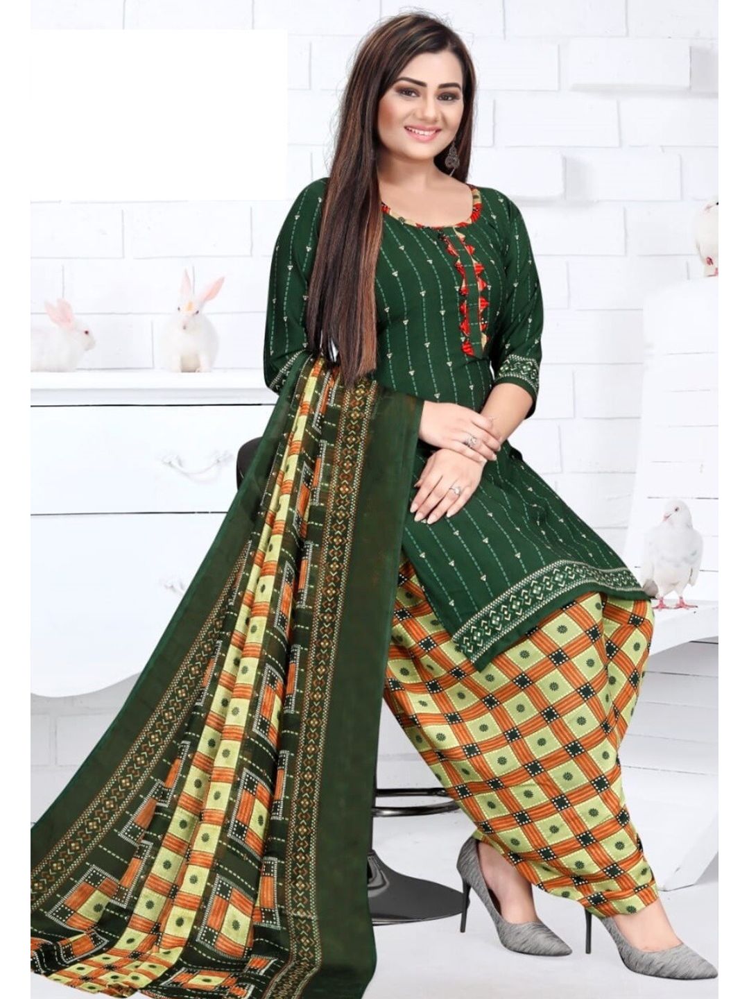 INDIAN HERITAGE Green & Brown Printed Silk Crepe Unstitched Dress Material