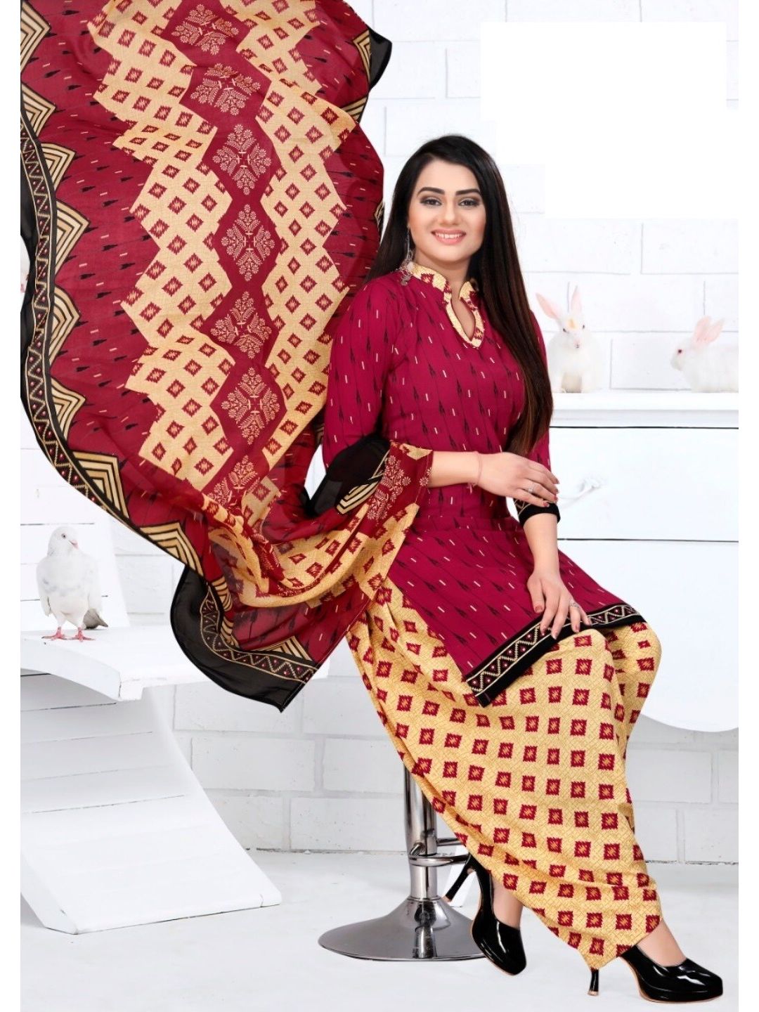 INDIAN HERITAGE Maroon & Cream-Coloured Printed Silk Crepe Unstitched Dress Material