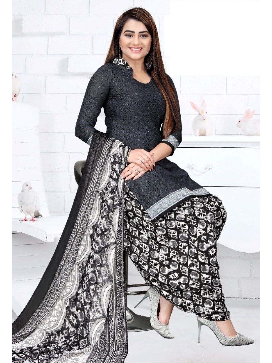 INDIAN HERITAGE Women Black & White Printed Silk Crepe Unstitched Dress Material Price in India