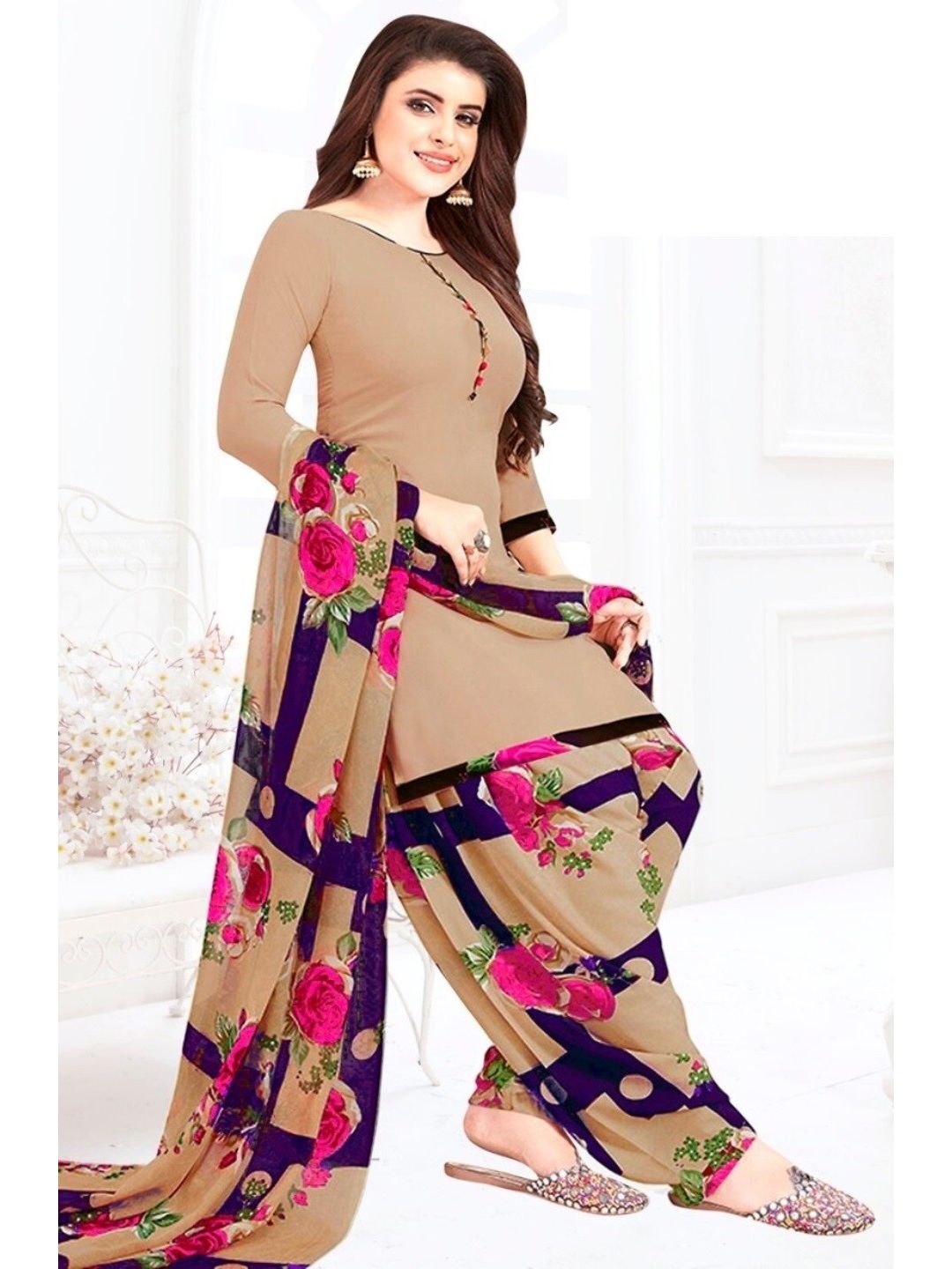 INDIAN HERITAGE Beige & Pink Printed Silk Crepe Unstitched Dress Material Price in India