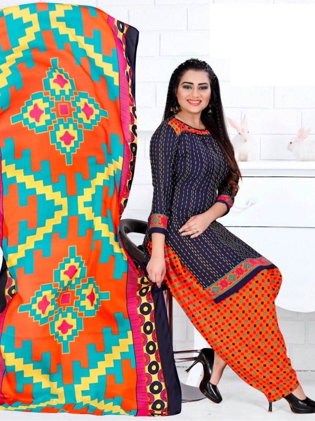 INDIAN HERITAGE Navy Blue & Orange Printed Silk Crepe Unstitched Dress Material Price in India