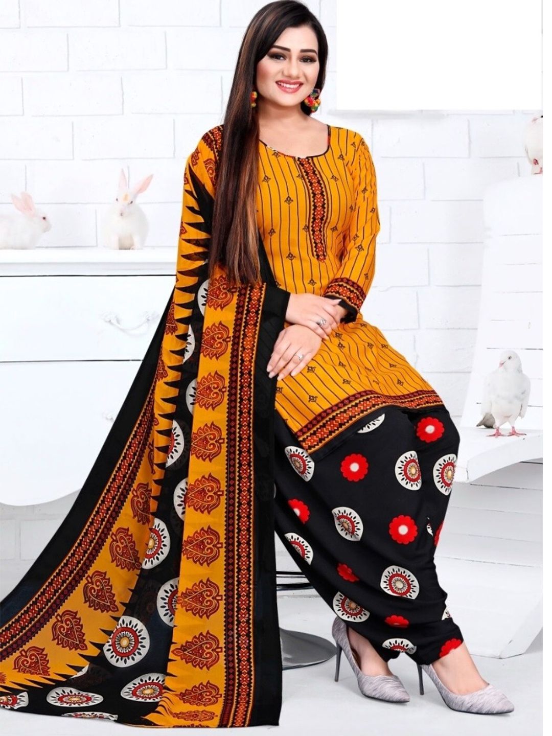 INDIAN HERITAGE Yellow & Red Printed Silk Crepe Unstitched Dress Material