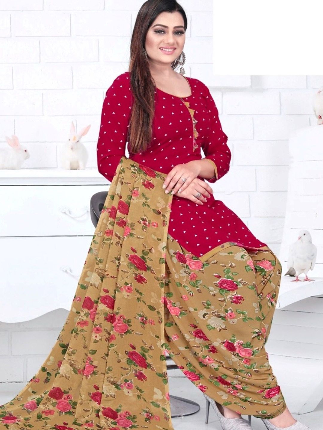 INDIAN HERITAGE Red & Pink Printed Silk Crepe Unstitched Dress Material Price in India