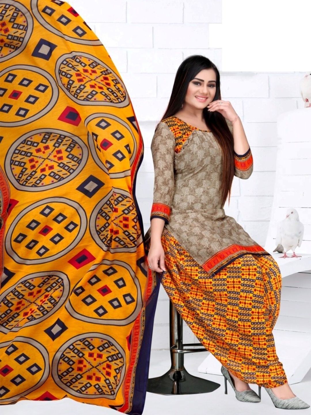 INDIAN HERITAGE Brown & Orange Printed Silk Crepe Unstitched Dress Material
