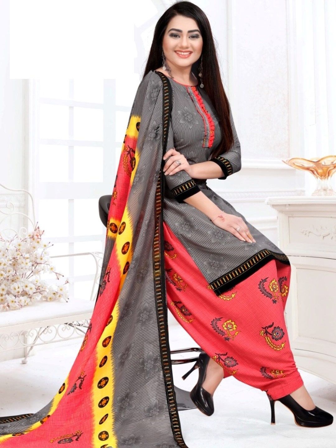 INDIAN HERITAGE Black & Red Printed Silk Crepe Unstitched Dress Material