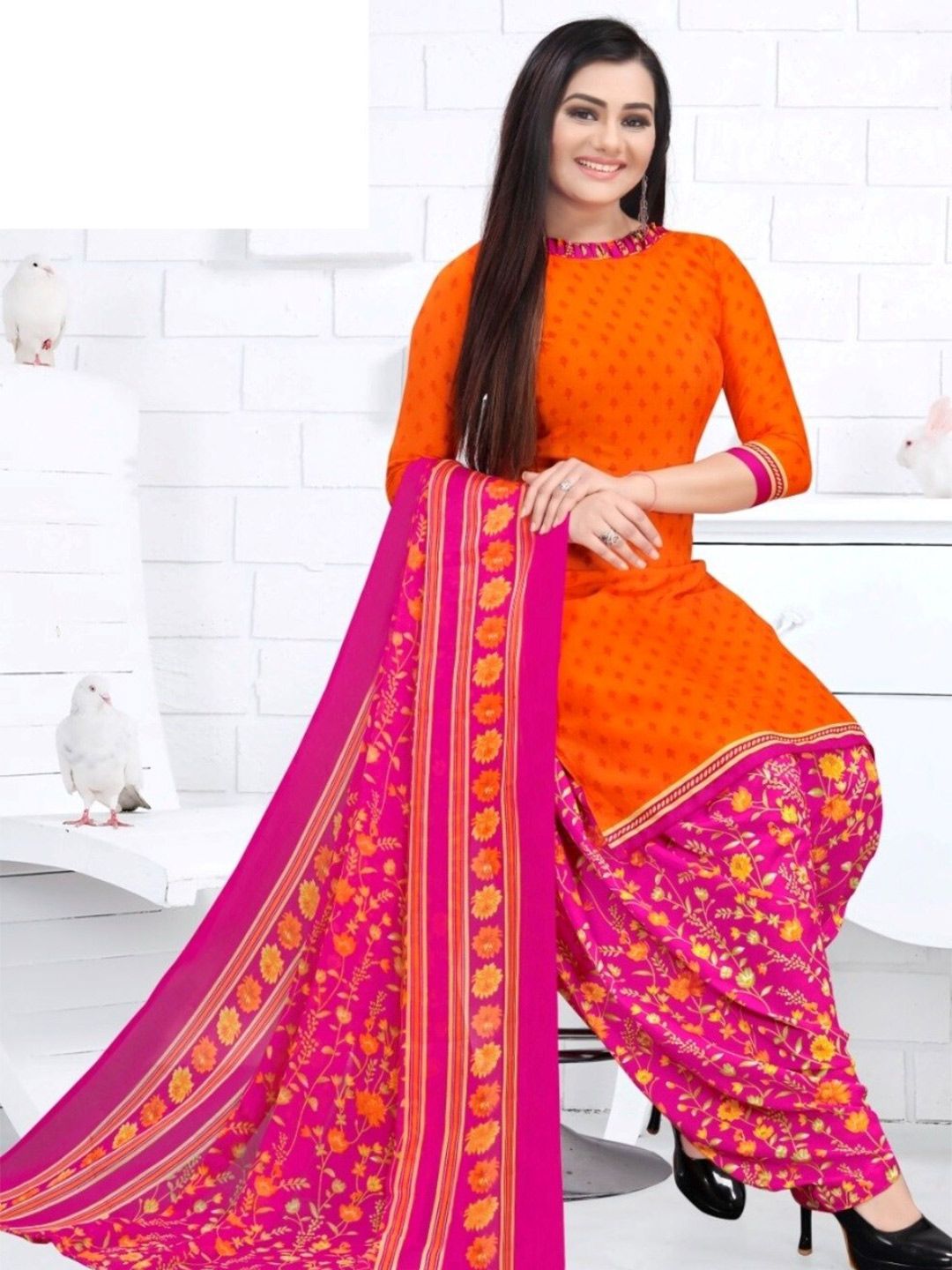 INDIAN HERITAGE Orange & Pink Printed Silk Crepe Unstitched Dress Material Price in India