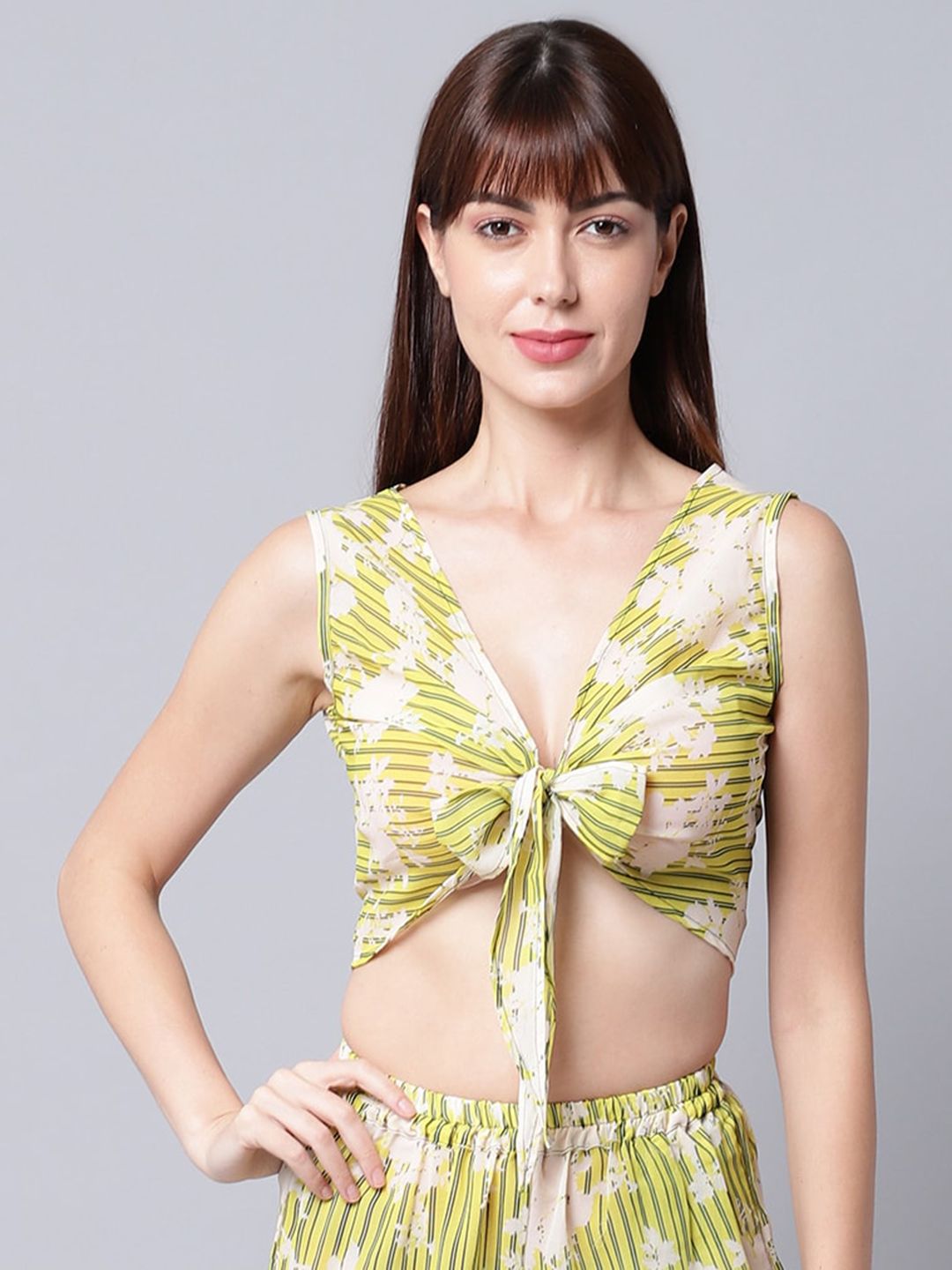 EROTISSCH Women Green Printed V-neck with front tie knot Beachwear Tops Price in India